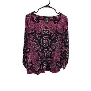 Alfani Paisley Print Blouse Pink Black Sz 0X 3/4 Sleeve Bohemian Whimsigoth